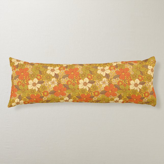 Retro 60er/70er Orange/Olive Green Floral Seitenschläferkissen (Vorderseite)