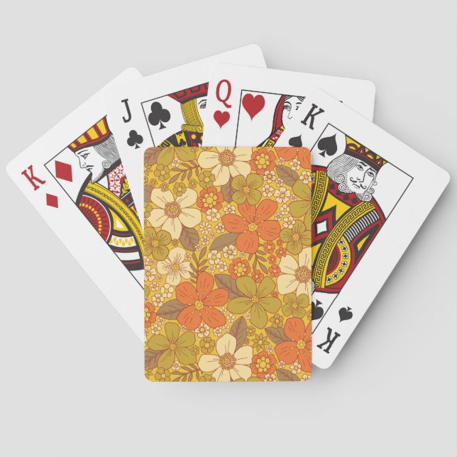 Retro 60er/70er Orange/Olive Green Floral Spielkarten (Rückseite)