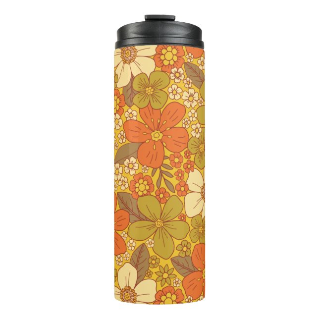 Retro 60er/70er Orange/Olive Green Floral Thermosbecher (Vorderseite)