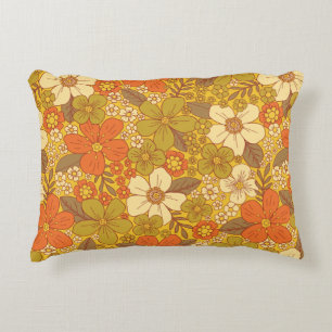 Retro 60er/70er Orange- und Olivgrün-Blumenmuster Dekokissen