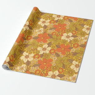 Retro 60er/70er Orange und Olivgrün Blumenmuster Geschenkpapier