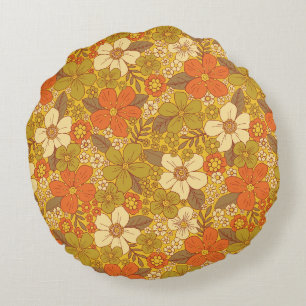 Retro 60er/70er Orange und Olivgrün Blumenmuster Rundes Kissen