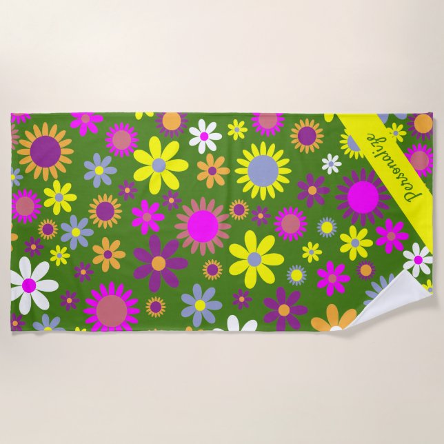 Retro 60er Blume Gelbe Lila Blütenbezeichnung Strandtuch (Vorderseite)