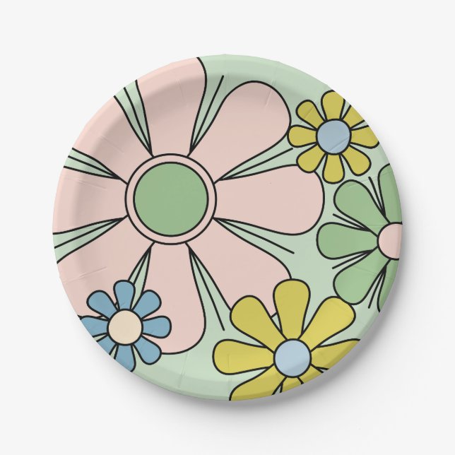 Retro 60er Blume Groovy Pastel Floral Pappteller (Vorderseite)