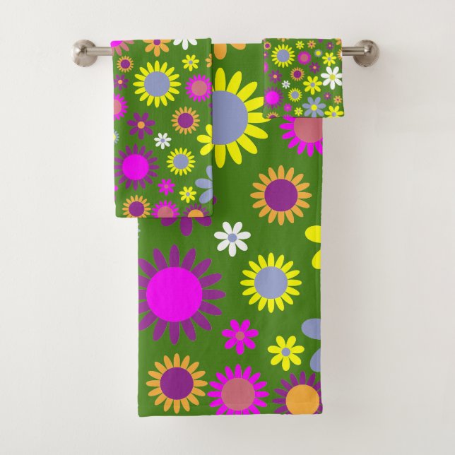 Retro 60er Blume Grün Gelb Lila Blumendesign Badhandtuch Set (Insitu)