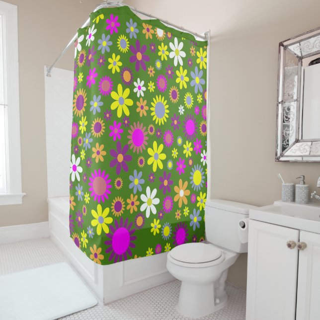 Retro 60er Blume Grün Gelb Lila Blumendesign Duschvorhang (Beispiel)