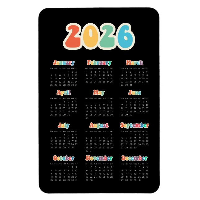 Retro 60er Hippie 2025 Schwarzer Kalender Magnet (Vertikal)