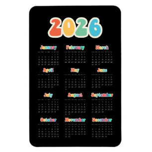 Retro 60er Hippie 2026 Schwarzer Kalender Magnet