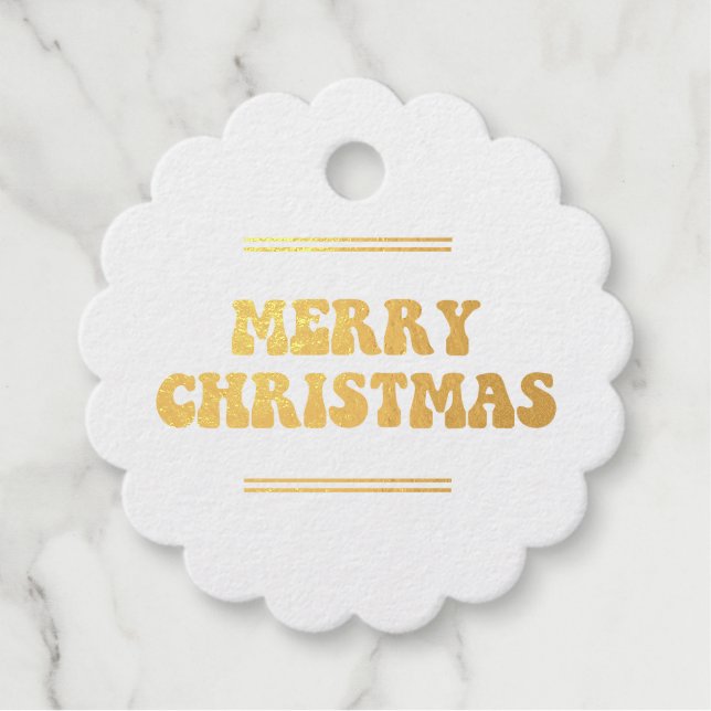Retro 60er Hippie Frohe Weihnachtsgold-Folie Geschenkanhänger (Vorderseite)