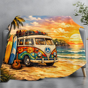 Retro 60er Hippie-Strandbus Sonnenuntergang   Surf Fleecedecke