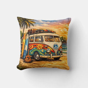 Retro 60er Hippie Surfer Strand Bus Sonnenuntergan Kissen