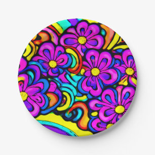 Retro 60er Lila Blume Cartoon Anime Psychedelic Pappteller