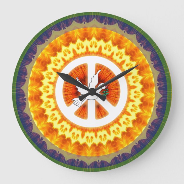 Retro 60er Peace Symbol White Dove Olive Branch Große Wanduhr (Vorderseite)