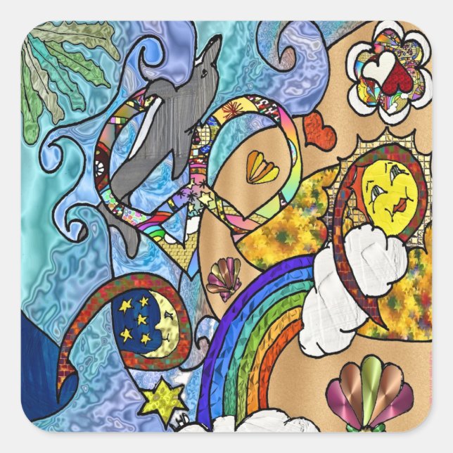 Retro 60er Psychedelic am Strand Geschenke Apparel Quadratischer Aufkleber (Vorderseite)