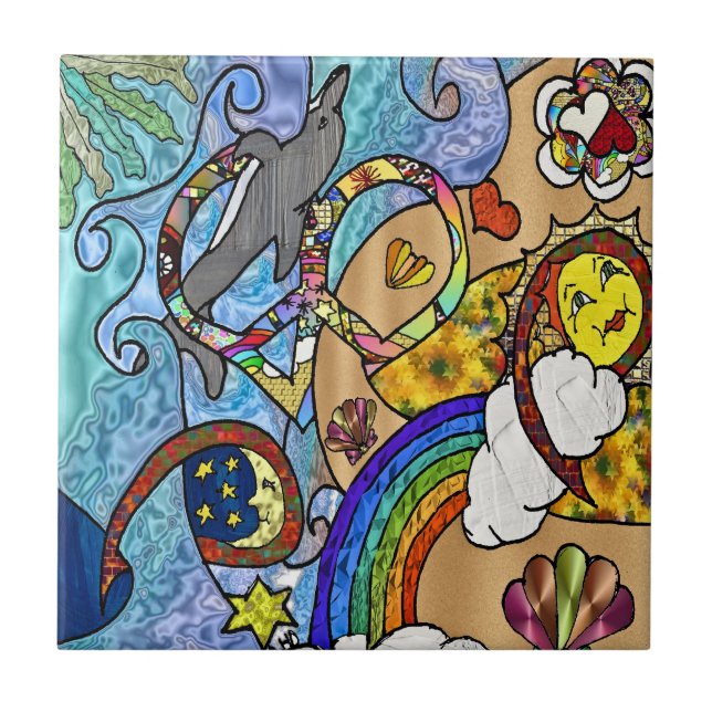 Retro 60er Psychedelic am Strand Keramik Tile Fliese (Vorderseite)