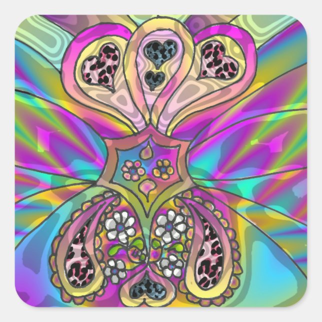 Retro 60er Psychedelic Hearts Blume Geschenke Appa Quadratischer Aufkleber (Vorderseite)