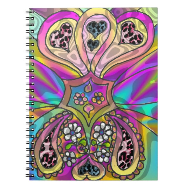Retro 60er Psychedelic Hearts Blume Notebook Notizblock (Vorderseite)