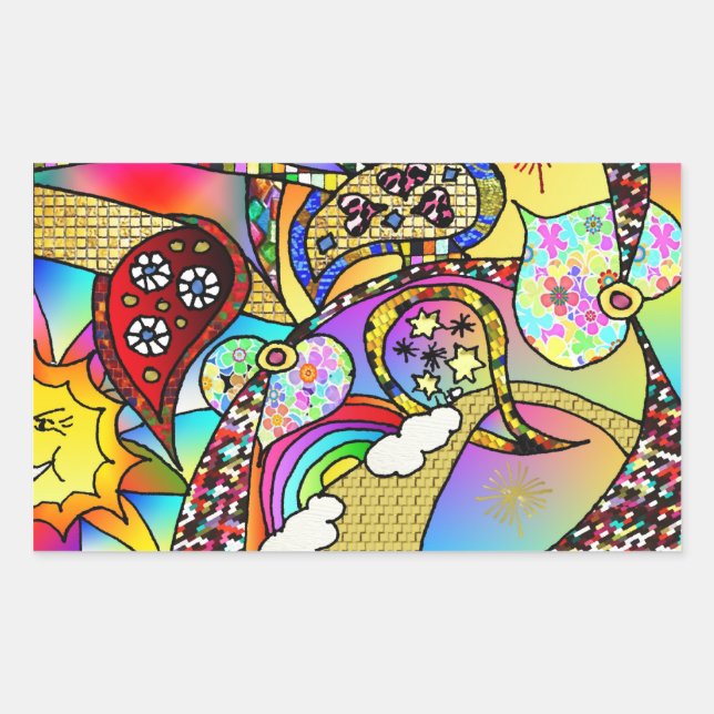 Retro 60er Psychedelic Hearts Paisley Gifts Appare Rechteckiger Aufkleber (Vorderseite)