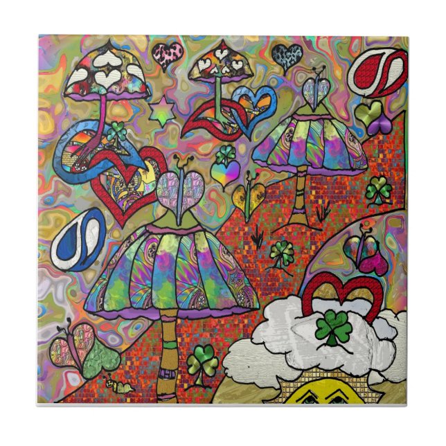 Retro 60er Psychedelic Magic Mushrooms Keramik Til Fliese (Vorderseite)