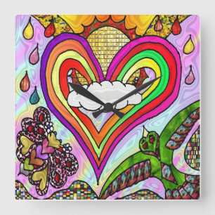 Retro 60er Psychedelic Rainbow Heart Clock Quadratische Wanduhr