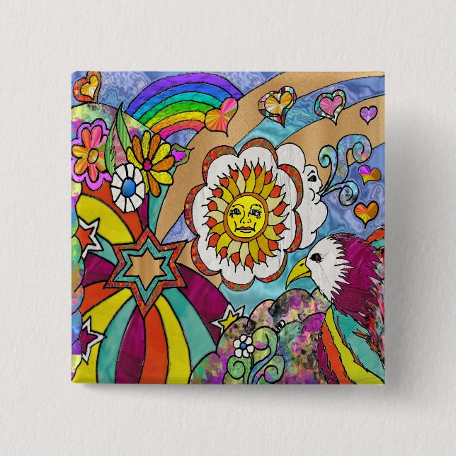 Retro 60er Psychedelic Sunshine Eagle Apparel Gesc Button (Vorderseite)