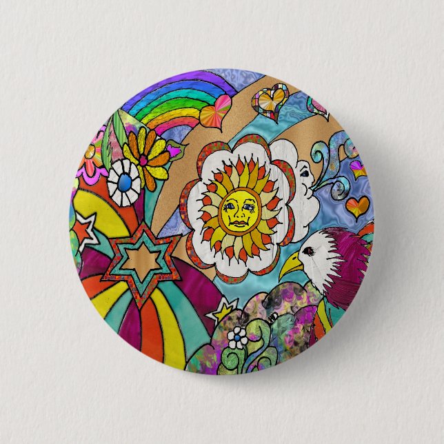 Retro 60er Psychedelic Sunshine Eagle Apparel Gesc Button (Vorderseite)
