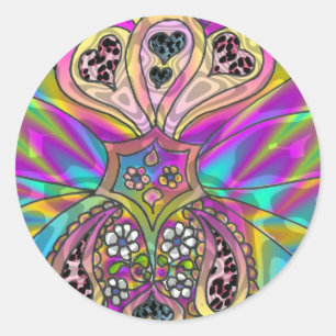 Retro 60er psychedelische Herzen Blumen Geschenke Runder Aufkleber