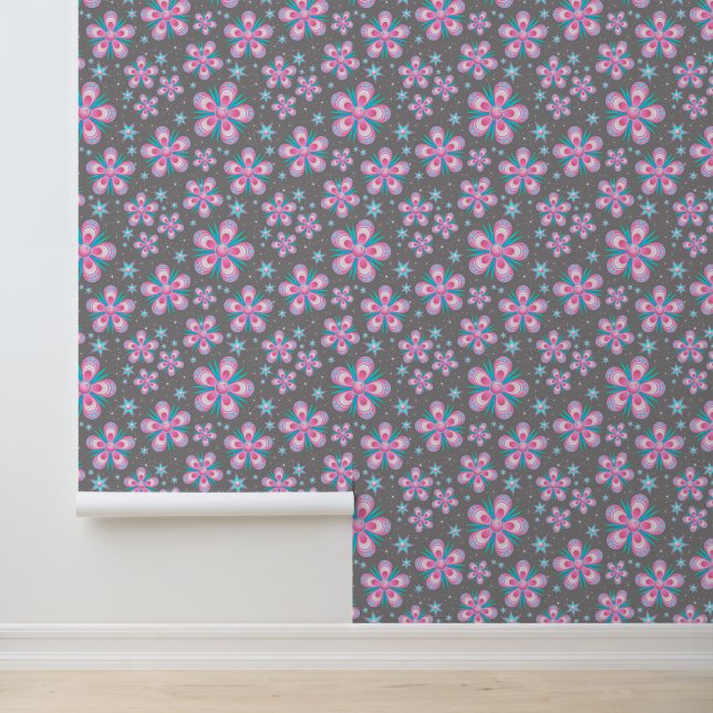 Retro 60er Trendy Pink Blume Muster Tapete (Anwendung)