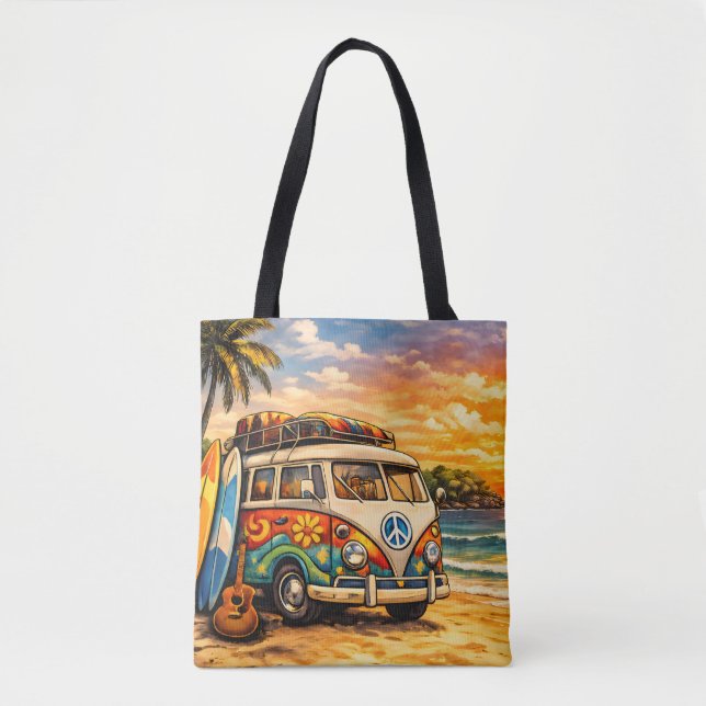 Retro 60s Hippie Beach Bus Sunset | Surf Life Art Tasche (Vorderseite)
