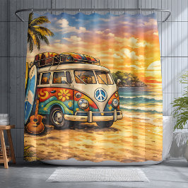 Retro 60s Hippie Beach Bus Sunset | Surf Van Life Duschvorhang