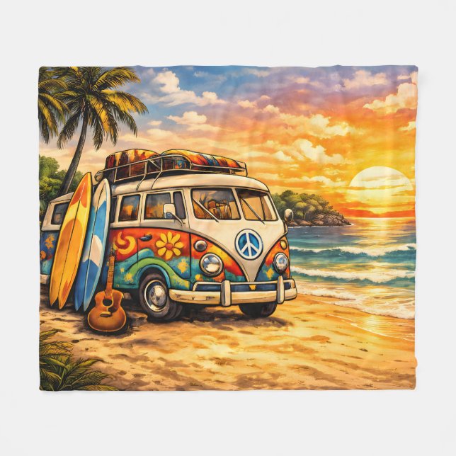 Retro 60s Hippie Beach Bus Sunset | Surf Van Life Fleecedecke (Vorderseite (Horizontal))