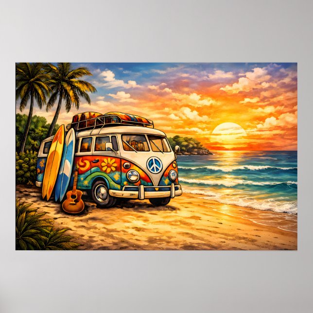 Retro 60s Hippie Beach Bus Sunset | Surf Van Life Poster (Vorne)