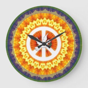 Retro 60s Peace Symbol White Dove Olive Branch Große Wanduhr
