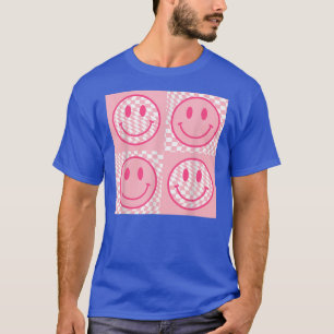 Retro 70er 80er Happy Face Pink Smile Face Checked T-Shirt