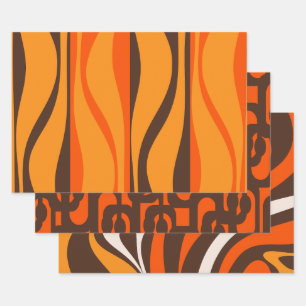 Retro 70er Abstrakte Muster Vintag Brown Orange Geschenkpapier Set