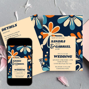Retro 70er aquamarine Blume Hochzeit in einem Einladung