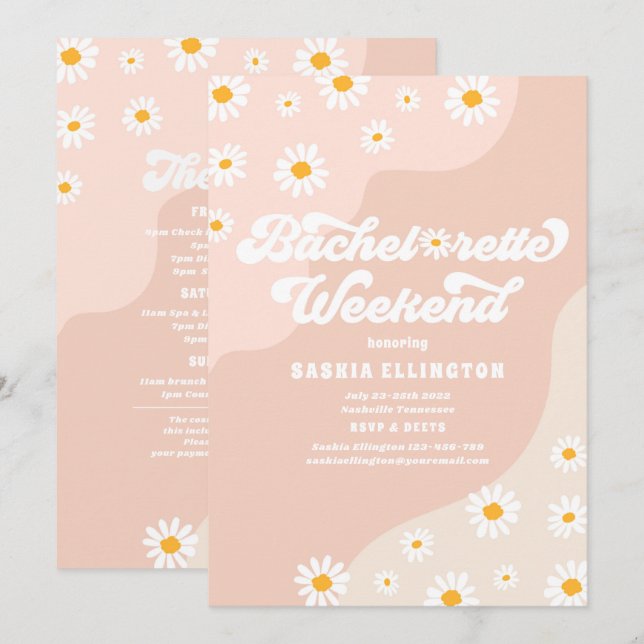 Retro 70er Bachelorette Wochenende Reiseprogramm Einladung (Vorne/Hinten)