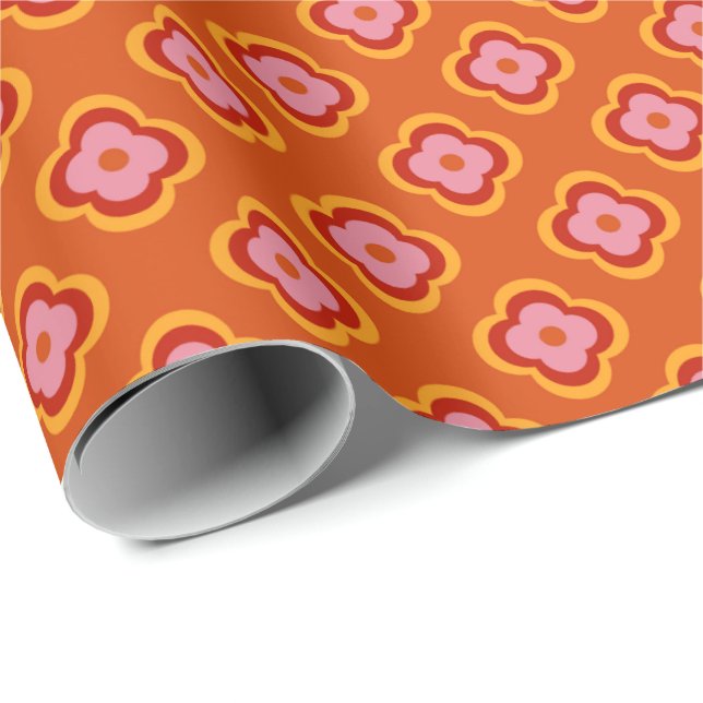 Retro-70er-Blume-Muster - orange und rosa Geschenkpapier (Rolleneckpunkt)