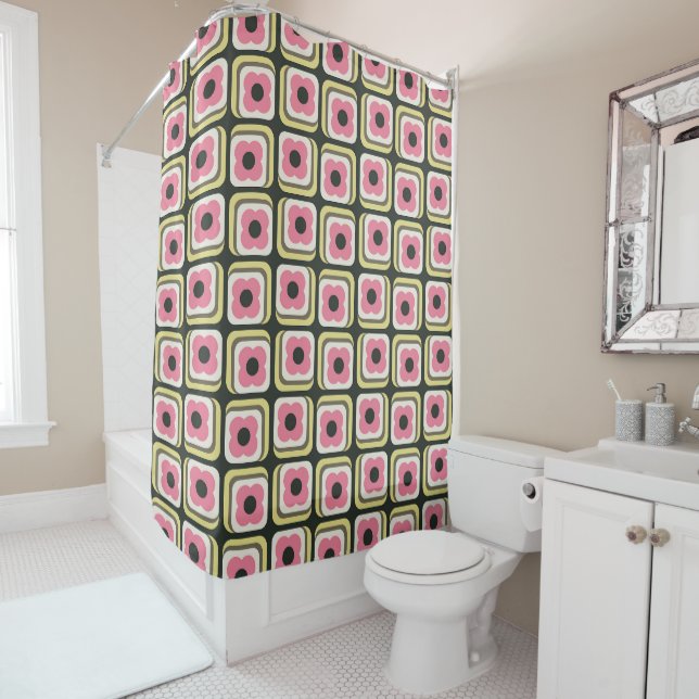 Retro 70er Blumenkästen Rosa, Gelb, Grün Duschvorhang (Beispiel)