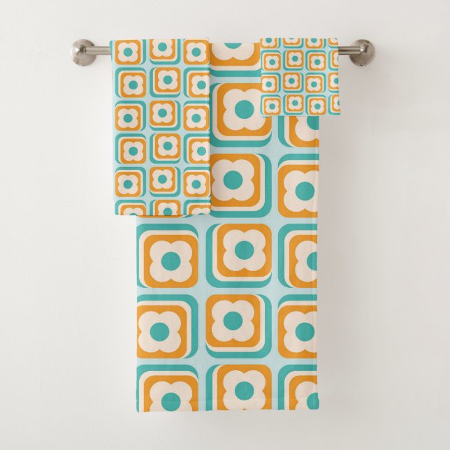 Retro 70er Blumenquadrate, Aqua, Orange, Aquamarin Badhandtuch Set (Insitu)