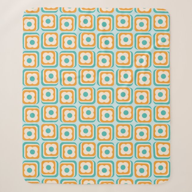 Retro 70er Blumenquadrate, Aqua, Orange, Aquamarin Sherpadecke (Vorderseite)