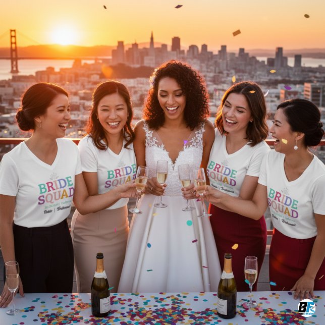 Retro 70er Bride Squad Bridesmaid Name Bachelorett T-Shirt (Von Creator hochgeladen)