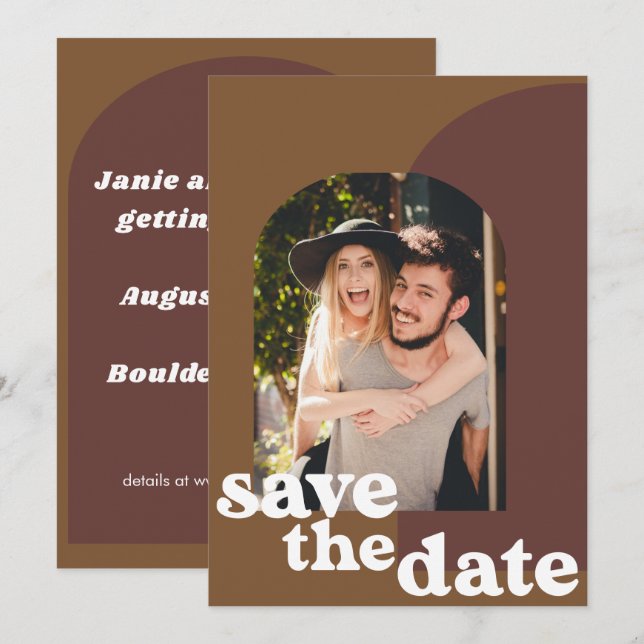 Retro 70er Brown Geometric Couple Foto Wedding Save The Date (Vorne/Hinten)