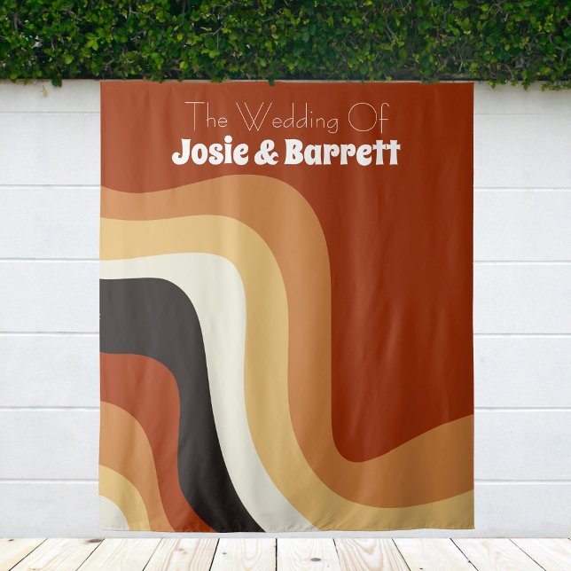 Retro 70er Burnt Orange Funky Wedding Foto Booth Wandteppich (Von Creator hochgeladen)