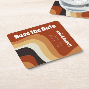 Retro 70er Burnt Orange Groovy Save the Date Rechteckiger Pappuntersetzer