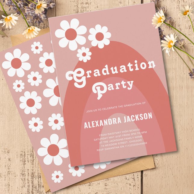 Retro 70er Floral Arch Graduate Party Budget (Retro 70s vintage floral arch graduation party budget invitation with simple orange daisy pattern)