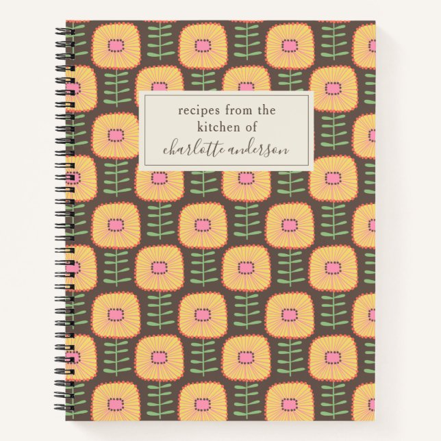 Retro 70er Floral Muster Brown Personalisiertes Re Notizbuch (Vorderseite)