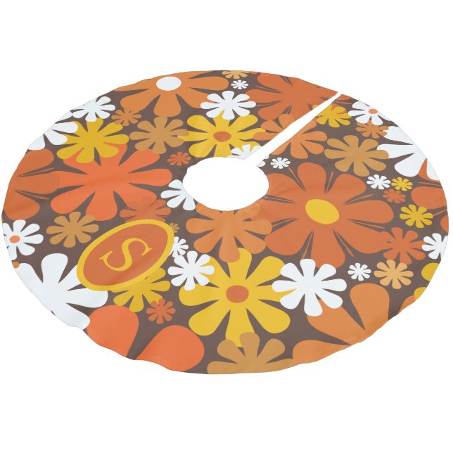 Retro 70er Floral Muster Orange Brown mit Initial Polyester Weihnachtsbaumdecke (Schrägansicht)