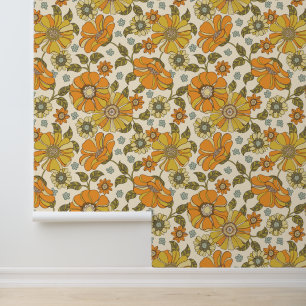 Retro 70er Floral Orange Gold Muster Tapete