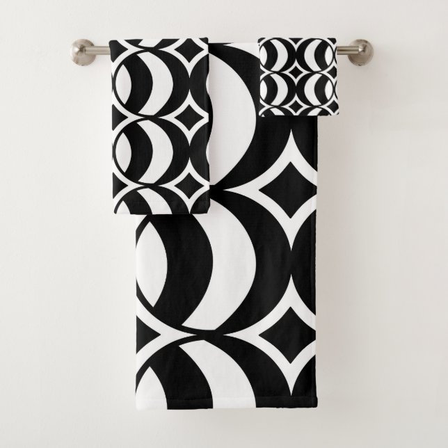 Retro 70er Geometric Globe Pattern Schwarz & Weiß Badhandtuch Set (Insitu)